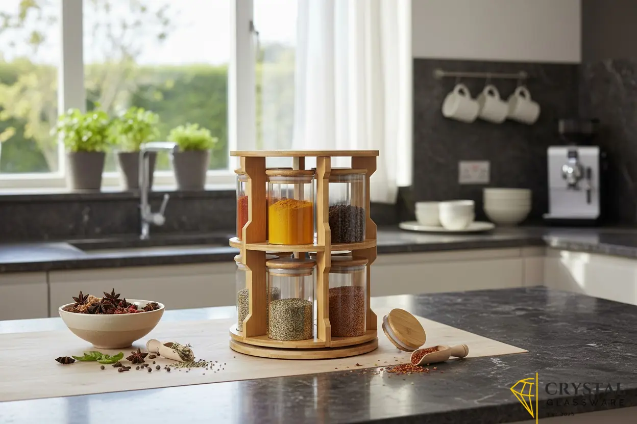 Spice storage 360° rotating bamboo rack and 10 borosilicate glass jars